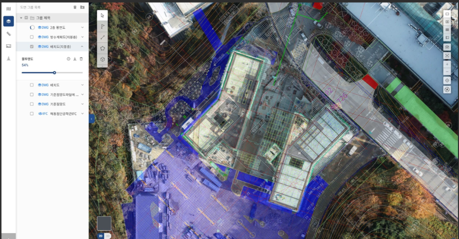 드론으로 촬영한 항공 이미지와 설계도면을 중첩해 품질관리를 강화한 디지털트윈 활용사례. 출처=한미글로벌