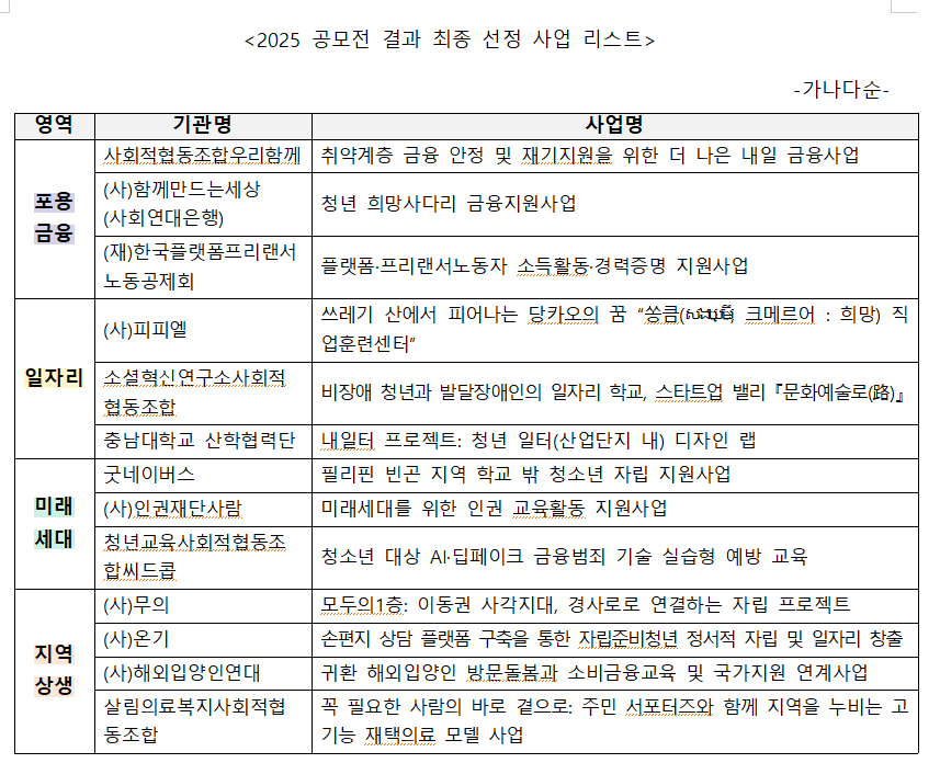 2025 공모전 결과 최종 선정 사업 리스트. 출처=금융산업공익재단