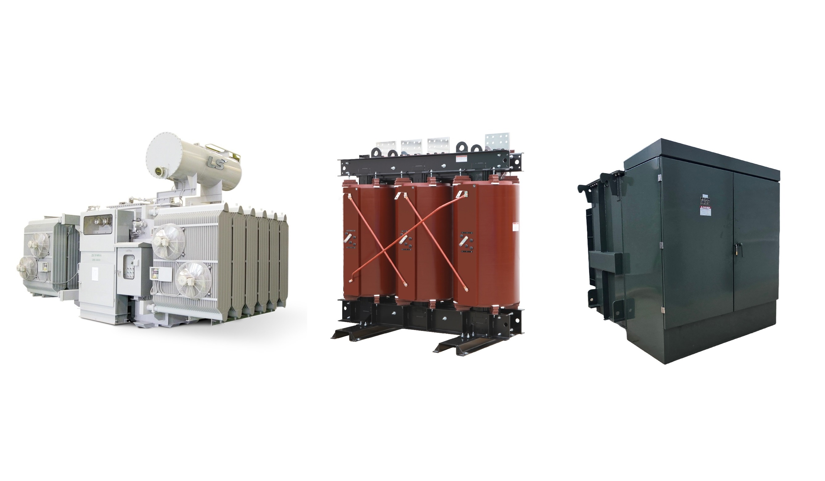 (왼쪽부터) LS일렉트릭 북미 데이터센터 수출용 배전유입변압기, 배전몰드변압기, 배전패드변압기. 사진=LS일렉트릭