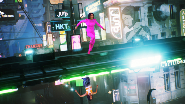 K팝 대표 안무가 리아킴의 ‘볼류메트릭 휴먼’ 공연 장면. 가상의 미래 도시에서 각기 다른 의상을 입은 여러 명의 리아킴 홀로그램이 분신술처럼 동시에 같은 춤을 추고 있다. 출처=SKT