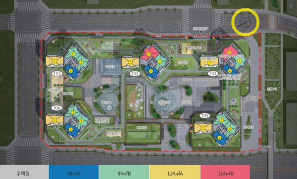감일 푸르지오 마크베르 & 아클라우스 감일 배치도. 그림에서 왼쪽 아래 방향이 북쪽으로, 화면을 시계 방향으로 90도 돌리면 남쪽이 아래쪽을 향하게 된다. 출처=푸르지오 홈페이지
