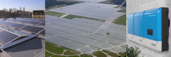 왼쪽부터 독일 프랑크푸르트에 있는 한 건물의 지붕에 설치된 한화큐셀 상업용 태양광 솔루션 큐플랫(Q.FLAT), 한화큐셀의 태양광 모듈이 적용된 독일 브란덴부르크의 91메가와트(MW)급 태양광 발전소, 한화큐셀의 주택용 에너지 저장 솔루션 큐홈플러스(Q.HOME+). 출처=한화큐셀