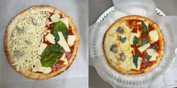 (왼쪽부터) ‘하프앤하프 피자’ 오븐 조리 전후 모습. 사진=이코노믹리뷰 박자연기자