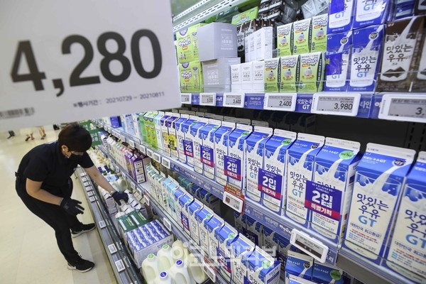 낙농진흥회에 따르면 우유의 원재료인 원유 가격이 21원 인상된다. 우유 가격이 인상되면 빵·아이스크림·커피 등도 가격도 인상도 불가피한 3일 서울 시내 한 대형마트에서 한 직원이 우유를 진열하고 있다. 사진=임형택기자