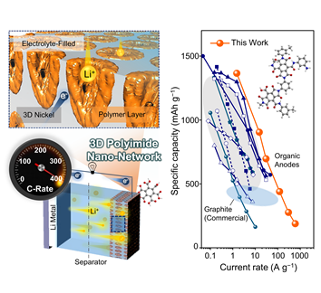 3차원 고분자 나노 네트워크 기반 리튬유기전지 모식도 및 율특성의 획기적인 향상 그림.출처=카이스트.