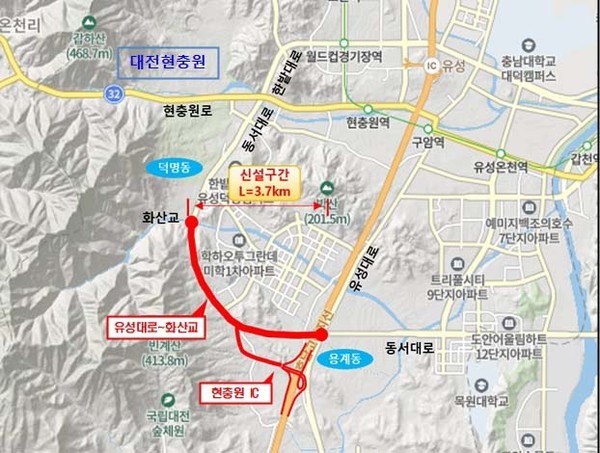 대전 유성대로∼화산교 도로 계획도. 자료=대전시