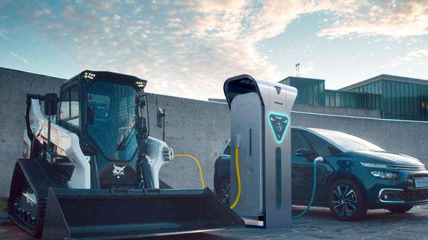 트라이젠으로 완전 전동식 로더와 수소차를 동시에 충전하는 콘셉트 이미지. 출처=두산