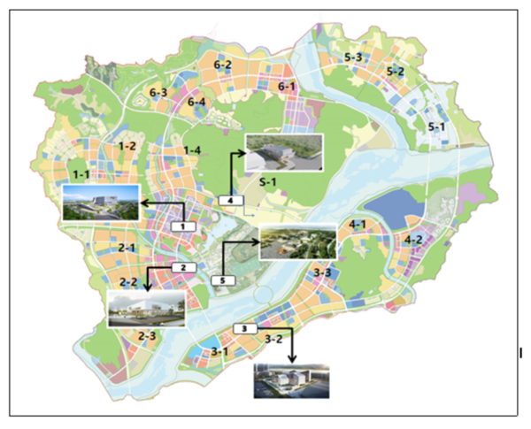 정부 세종청사 중앙동(1번), 나성동(2-4생)복컴센터(2번), 창의진로교육원(3번),119특수구조단(4번),어린이박물관‧통합시설(5번)등 2022년도 준공 공공건축물 조감도.출처=행복청.