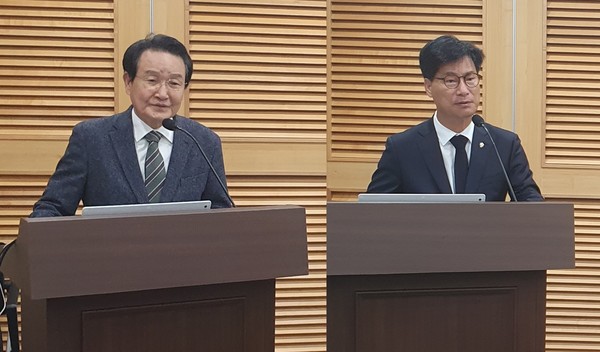 미디어미래연구소의 주최로 10일 국회의원회관 제2세미나실에서 열린 콘텐츠산업 활성화를 위한 세제지원 개선방안 포럼에서 축사한 더불어민주당 변재일 의원(왼쪽)과 국민의힘 김영식 의원. 출처= 미디어미래연구소