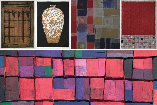 (위 왼쪽부터)△Metter-Metter 870E-P, Aquatint 50×70㎝, 1987 △청자철화보상당초문매병-Affection, Aquatint 60×85㎝, 1996 △Affectionate Things200406, Korean Paper & Oil Painting on Canvas, 30×30㎝, 2004 △Affectionate Things200617-P, Korean Paper Casting, 120×90㎝, 2006 (아래)Affectionate Things200816, Hanji on Canvas 25×70㎝, 2009