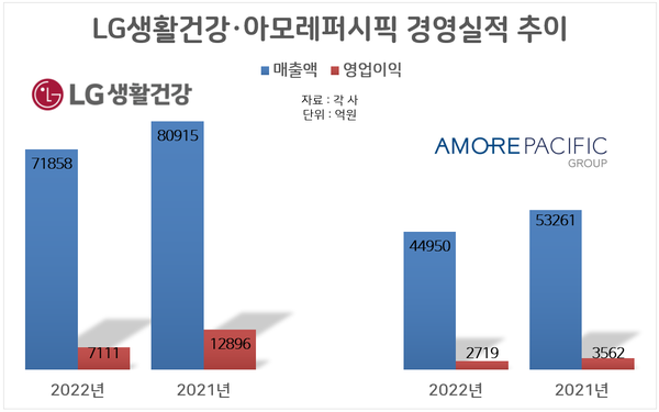 2022년 LG생활건강·아모레퍼시픽그룹 연간 실적 추이. 자료=각 사