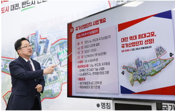 이장우 대전시장이 국가산업단지 후보지 선정과 관련해 설명하고 있다.출처=대전시