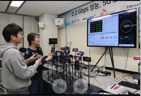 한 연구진이 개발한 통신기술을 시연하고 있다(자료사진). 출처=ETRI