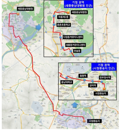 세종∼대전 광역급행형 M버스 노선도. 출처=국토부
