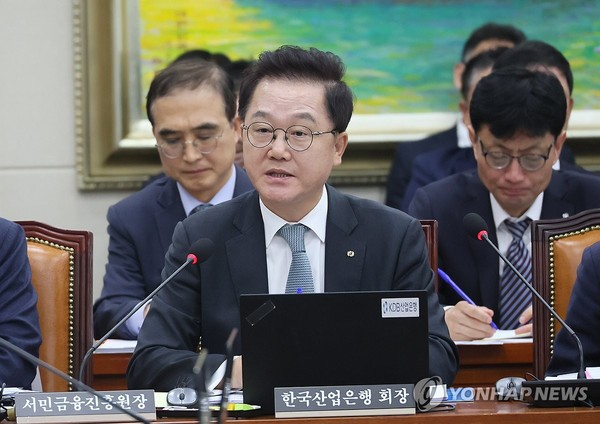 강석훈 한국산업은행 회장이 24일 국회 정무위원회의 예금보험공사, 한국산업은행 등에 대한 국정감사에서 의원 질의에 답변하고 있다. 출처=연합뉴스