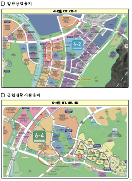 일반상업용지(위)와 근린생활시설용지 위치도. 출처=LH세종본부
