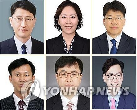 윗줄 왼쪽부터 기획재정부 2차관에 김윤상, 여성가족부 차관에 신영숙, 국토교통부 1차관에 진현환. 아랫줄 왼쪽부터 해양수산부 차관에 송명달, 조달청장에 임기근, 국무총리 비서실장에 손영택. 연합뉴스
