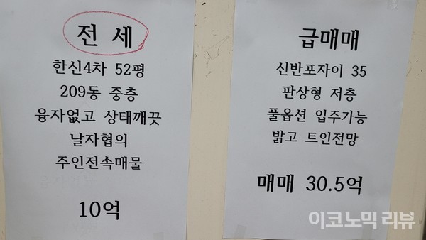 13일 오후 서울 서초구 반포동의 한 부동산 사무소에 급매물을 안내하는 홍보물이 붙어 있다. 사진=이혜진 기자
