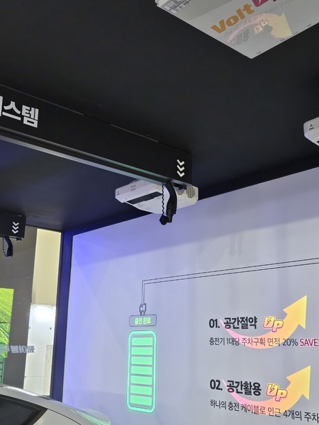 지난 3월 열린 인터배터리 2024에서 LG유플러스 부스에서 공개된 천장형 충전기. 사진=진운용 기자