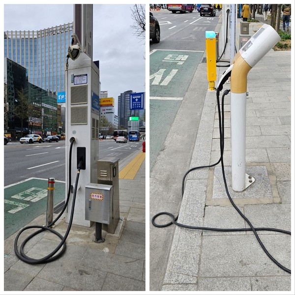 서울 시내에 설치된 전기차 충전기. 일반적으로 전기차 충전기는 바닥면에 설치돼 있어 충전 케이블 부분의 고장률이 높다. 사진=진운용 기자