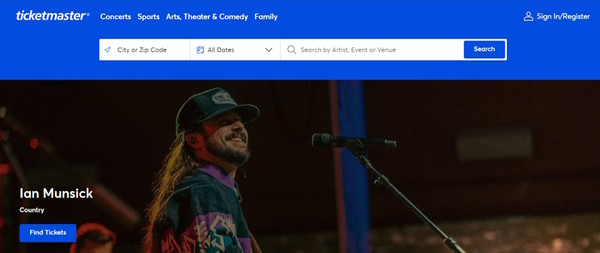 티켓마스터 웹사이트 메인 화면