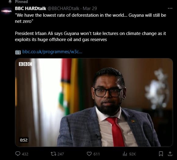 BBC에 반박하는 모하메드 이르판 알리 가이아나 대통령. 사진=연합뉴스