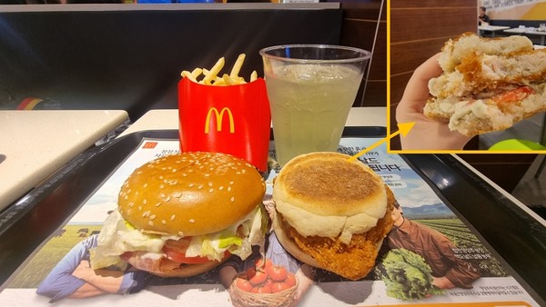 지난 10일 맥도날드 신사역점에서 열린 2024 한국의 맛 신메뉴 출시 기념 행사에서 공개한 신제품 중 '진주 고추 크림치즈 머핀(오른쪽 하단)'이 가성비 버거로 주목받았다. 사진=이하영