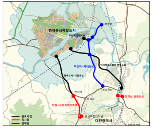 대전권 광역도로 진행사업 현황 위치도. 출처=행복청