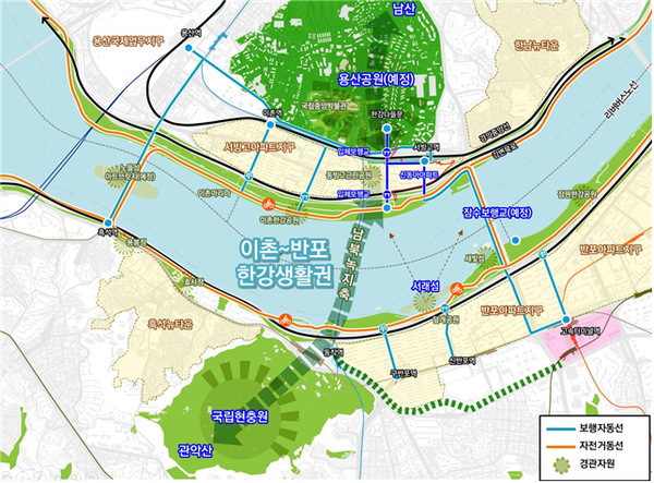 사울시의 녹지･보행동선 계획안 : 한강과 지역, 강남과 강북을 연결, 하나의 생활권으로 통합