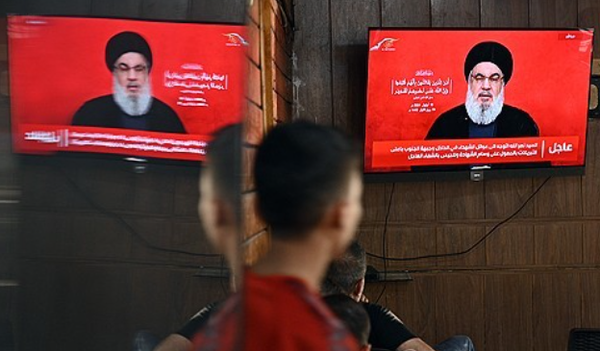 나스랄라가 TV연설을 하고 있다. 사진=연합뉴스