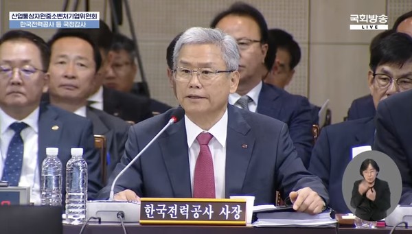 김동철 한국전력 사장이 14일 국정감사에서 발언하고 있다. 사진=국회방송