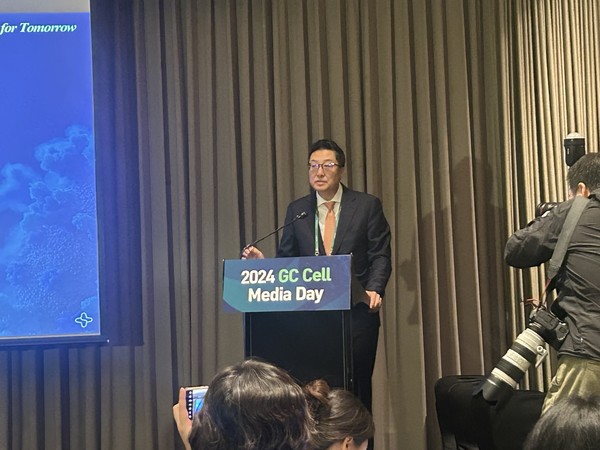 제임스 박 지씨셀 대표가 12일 서울 콘래드 호텔에서 열린 미디어데이에서 발언하고 있다. 사진=윤주혜 기자