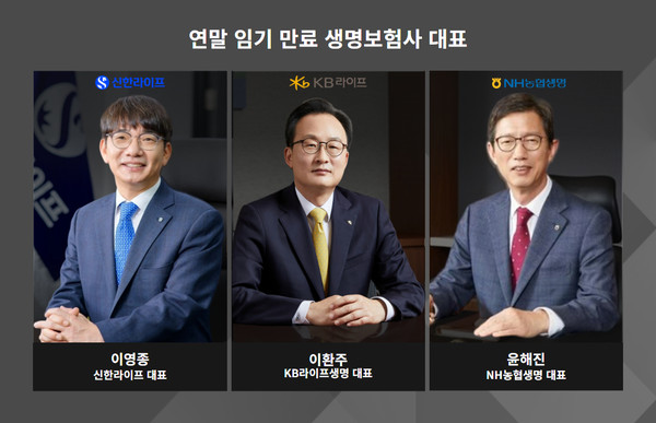 올해 말 임기 만료를 앞둔 생보사 대표. (왼쪽부터 이영종 신한라이프 대표, 이환주 KB라이프생명대표, 윤해진 NH농협생명 대표). 그래픽=박수아 기자