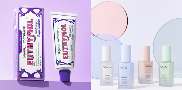 유시몰 화이트닝 퍼플코렉터 치약(오른쪽)과  VDL 톤스테인 컬러 코렉팅 프라이머. 사진=LG생활건강