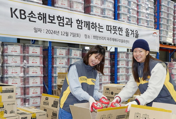 KB손해보험은 지난 7일, 한파에 취약한 쪽방촌 취약계층 어르신들을 위해 ‘한파 구호키트’ 제작 봉사활동을 진행했다. 봉사활동에 참여한 KB손해보험 임직원들이 기념사진을 찍고 있다. 사진제공=KB손해보험