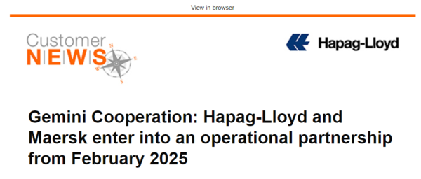 하팍로이드는 머스크와 신규 해운동맹 제미나이 협력을 체결할 예정이라고 밝혔다. 사진=하팍로이드 고객메시지 캡처