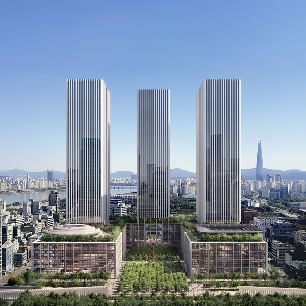 현대차그룹이 21일 제출한 서울강남구 삼성동에 조성하는 GBC(글로벌 비즈니스 콤플렉스)의 새 조감도. 기존 105층 1개 동에서 54층 3개 동으로 변경됐다. 사진 = 서울시.