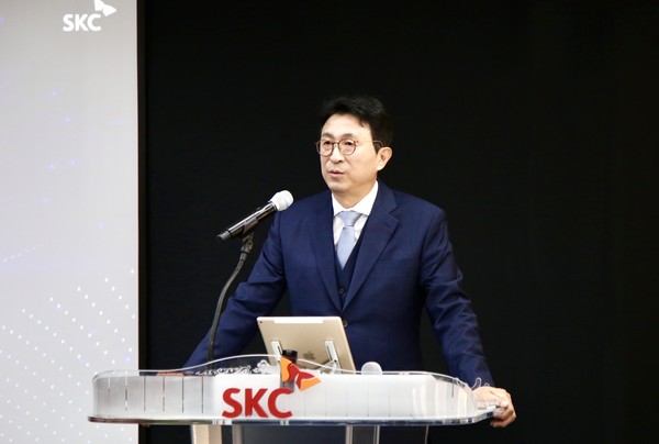 박원철 SKC 사장이 26일 서울 종로구 본사에서 열린 제52기 정기 주주총회에서 발언하고 있다. 사진=SKC
