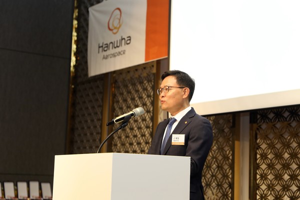 손재일 한화에어로스페이스 대표이사가 10월 31일 개최된 '2024 협력사 총회 및 공정거래 협약식'에서 인사말을 하고 있다.사진=한화에어로스페이스
