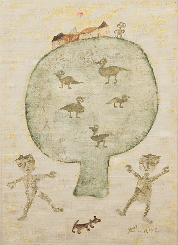 장욱진, ‘새와 아이들’ ,1983, 캔버스에 유화 물감, 36.5x26.5cm. 사진제공= 국립현대미술관