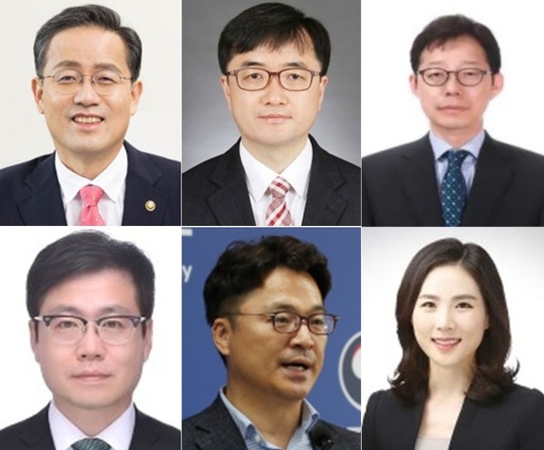 이형일(왼쪽 윗줄부터 시계방향으로) 기획재정부 1차관, 임기근 기재부 2차관, 박윤주 외교부 1차관, 김진아 외교부 2차관, 문신학 산업통상자원부 1차관, 여한구 산자부 통상교섭본부장. 사진 = 대통령실.
