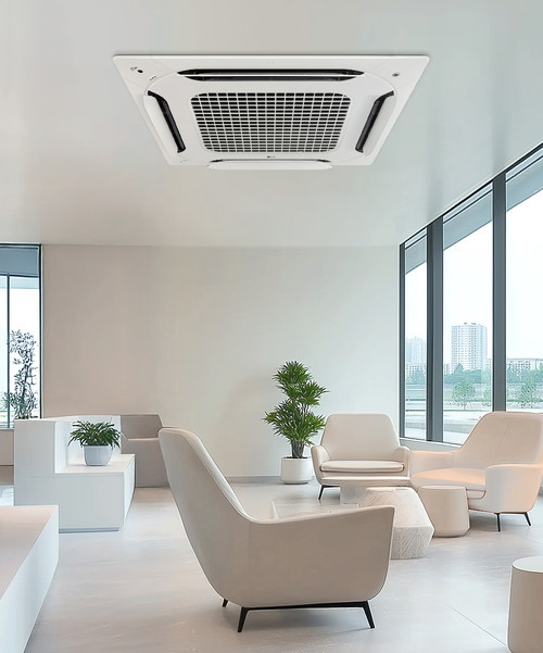 LG전자가 시스템에어컨 제조 시 플라스틱 사용을 줄이는 물리 발포 성형 공법을 적용해 탄소 배출을 저감한다. 사진은 글로벌 시험인증기관 TUV 라인란드로부터 1대 당 14.85킬로그램(kgCO₂eq)의 이산화탄소 배출을 줄였음을 검증받은 상업용 4방향 시스템에어컨. 사진=LG전자