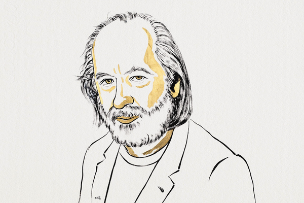 크라스나호르커이 라슬로 2025 노벨문학상 수상 작가. 일러스트레이션: 니클라스 엘메헤드(Niklas Elmehed) © 노벨상 재단 홍보국(Nobel Prize Outreach)