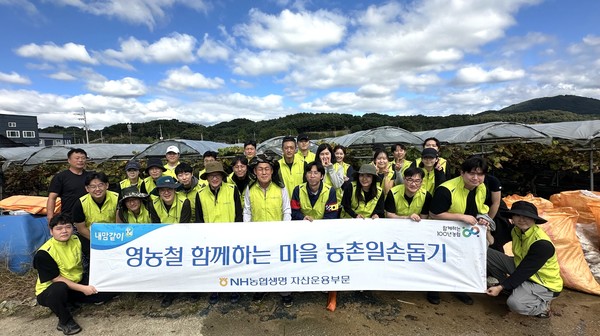 NH농협생명 자산운용부 임직원들이 16일 경기 포천시 농가를 찾아 일손돕기를 실시하고 기념사진을 찍고 있다. 사진=NH농협생명