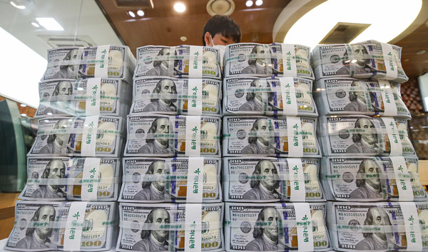 서울 중구 하나은행 본점 위변조방지센터에서 직원이 달러를 정리하고 있다. 사진=연합뉴스